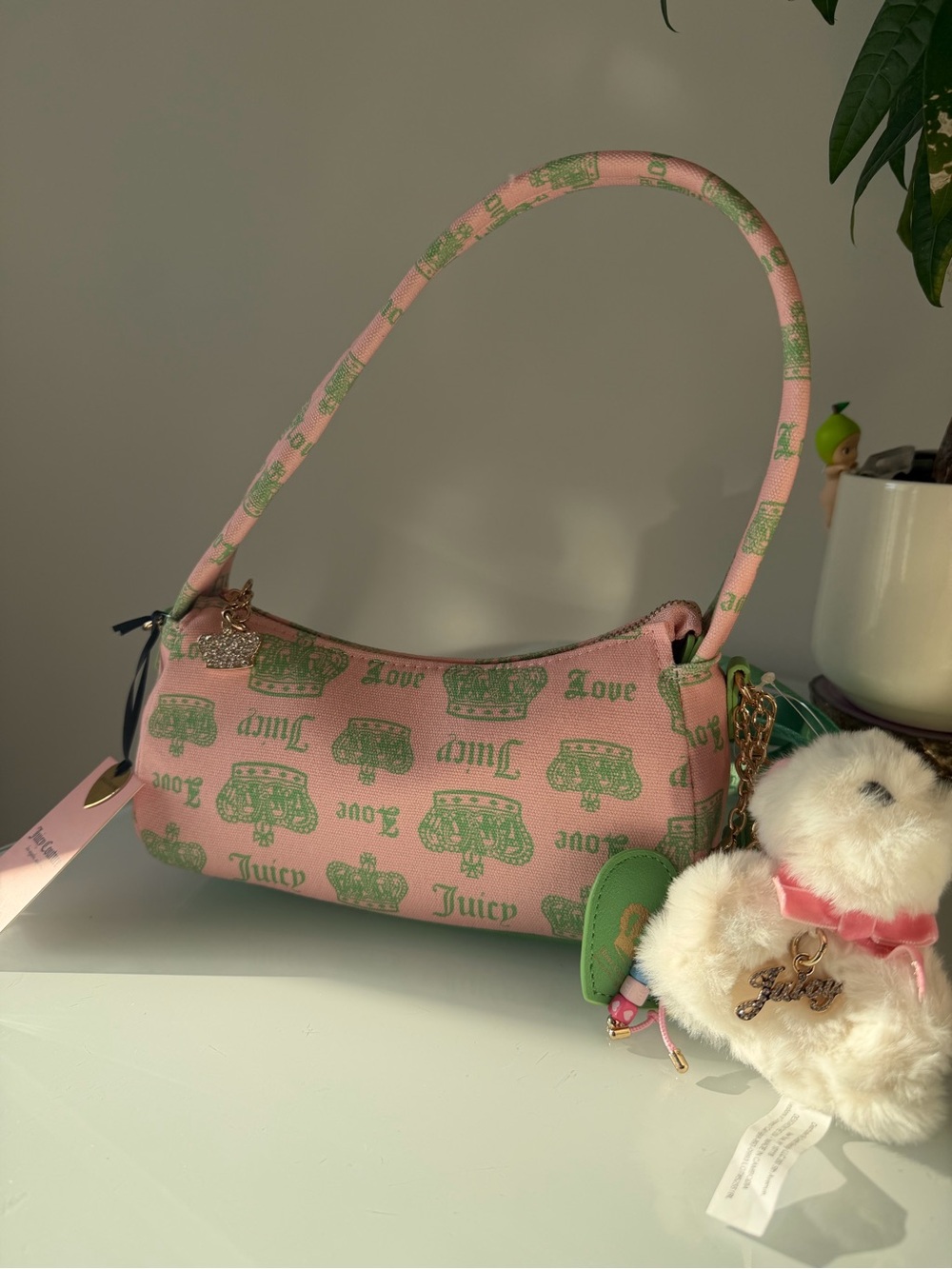 Juicy Couture Pink and Green crown Logo Shoulder Bag with bag Charms